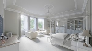 master suite bedroom and living area from entrance