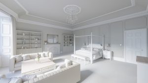 master suite bedroom and living area from near corner