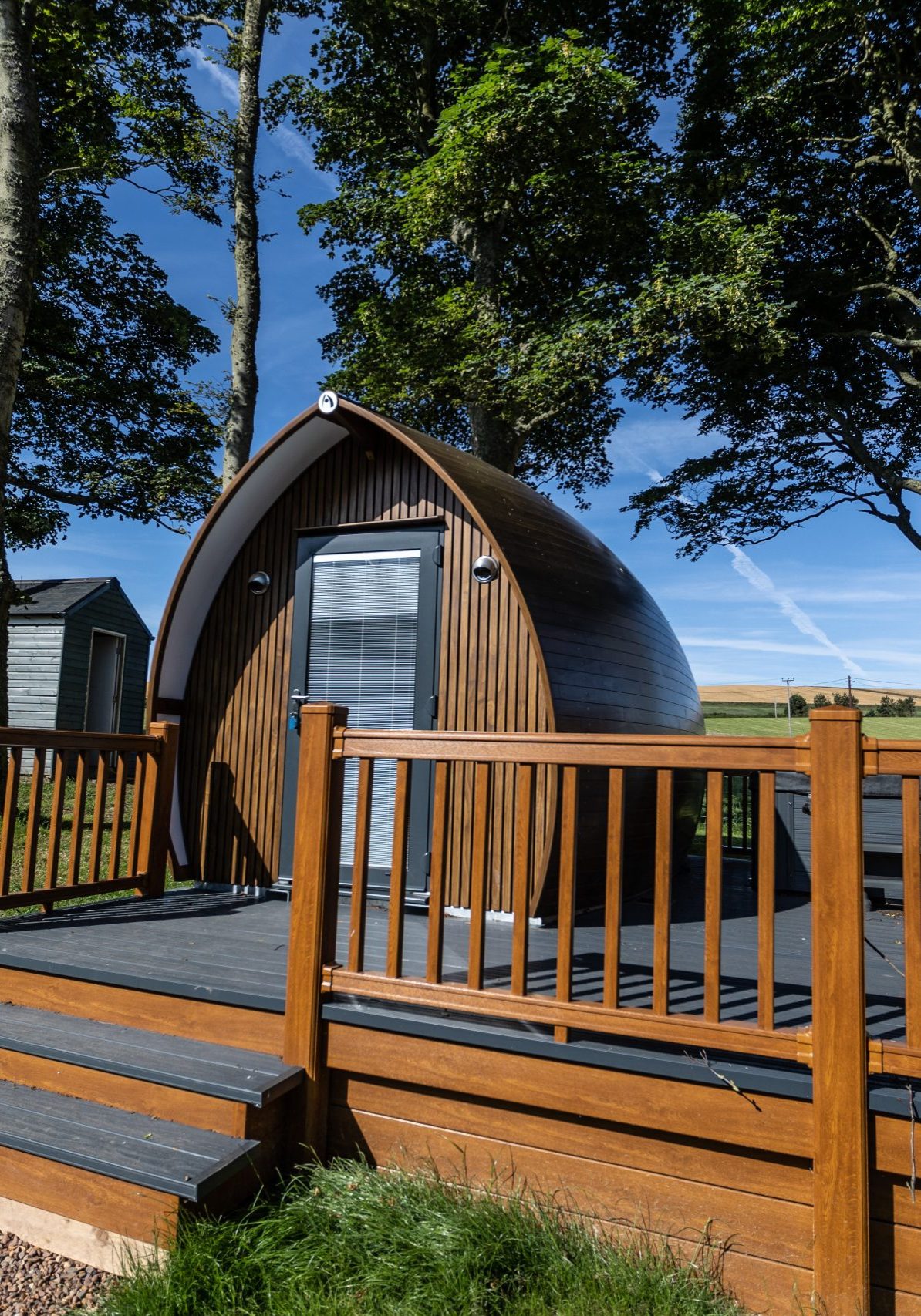 Exterior of pod with decking area